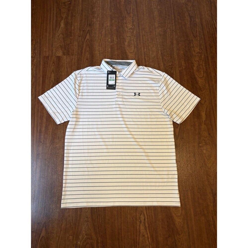 Under Armour The Playoff Polo Shirt Men's Large White & Gray Stripe Short Sleeve